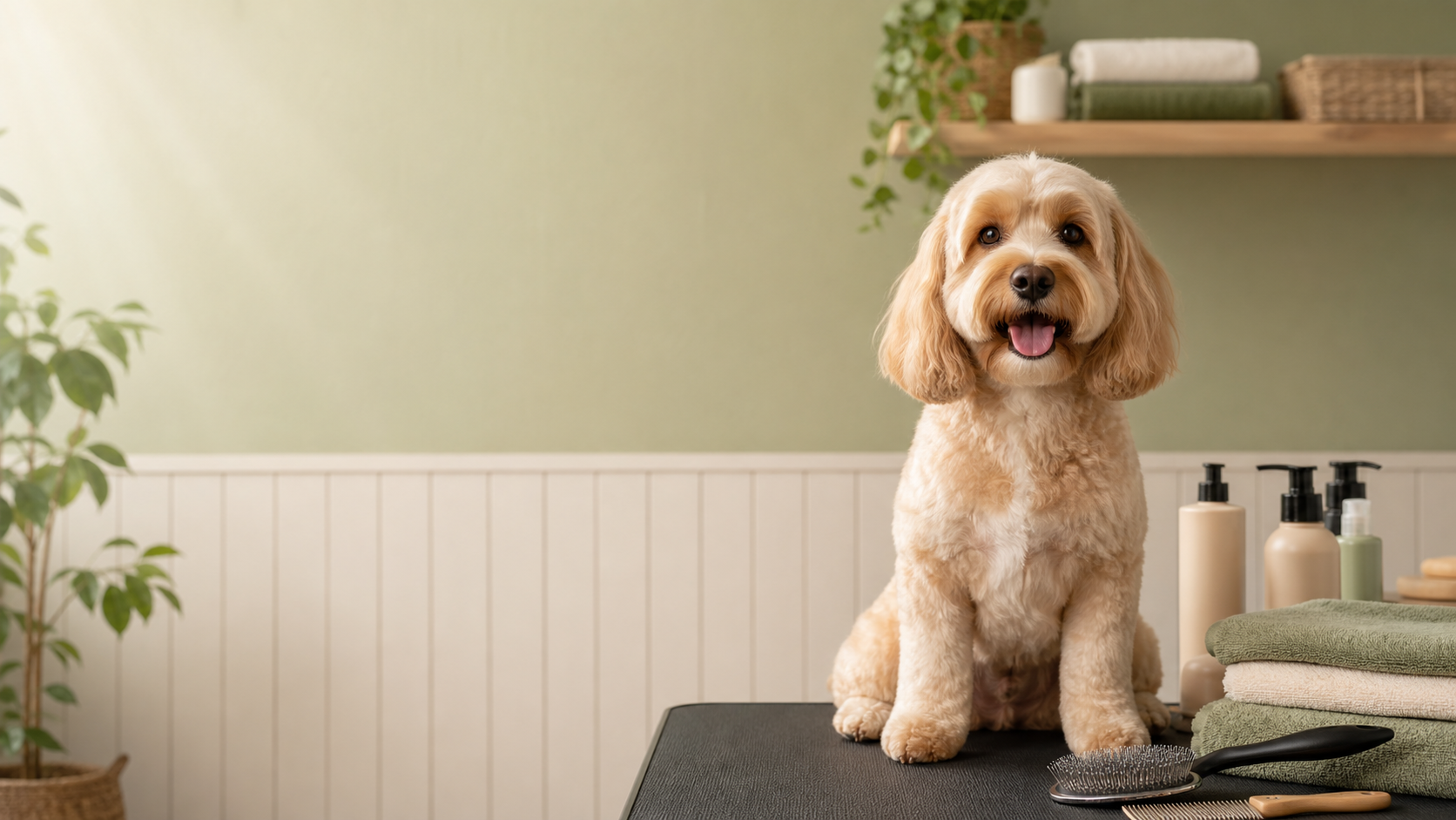 Freundlicher Hundesalon mit gepflegtem Hund und Pflegezubehoer