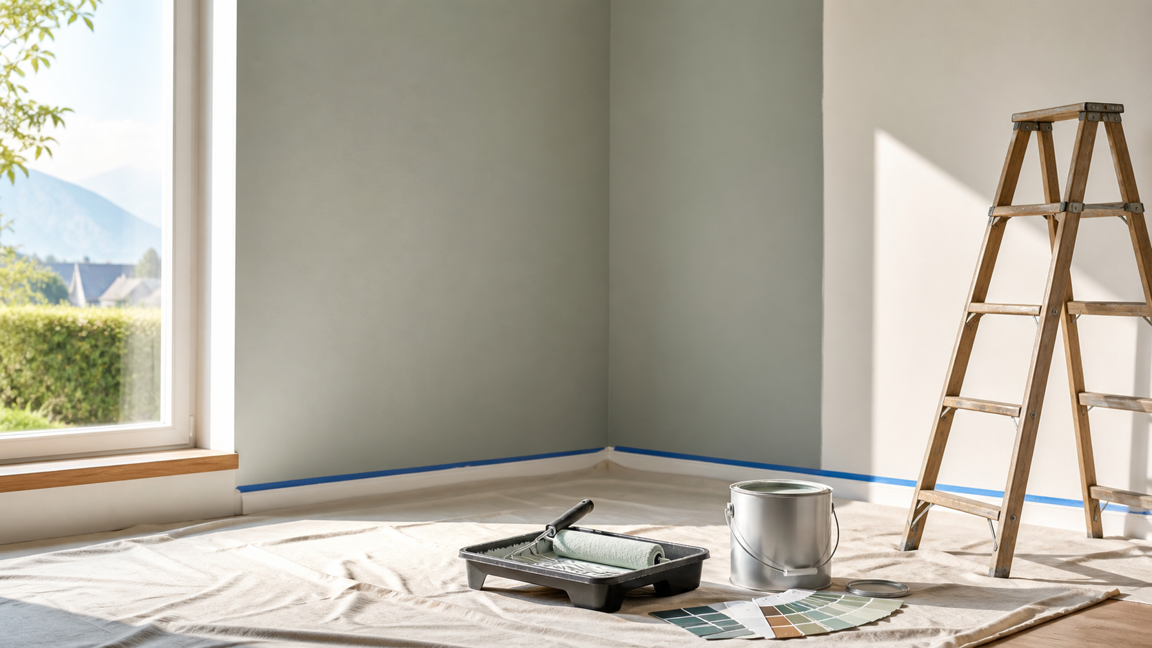 Heller Raum mit Malerwerkzeug und frisch gestrichener Wand
